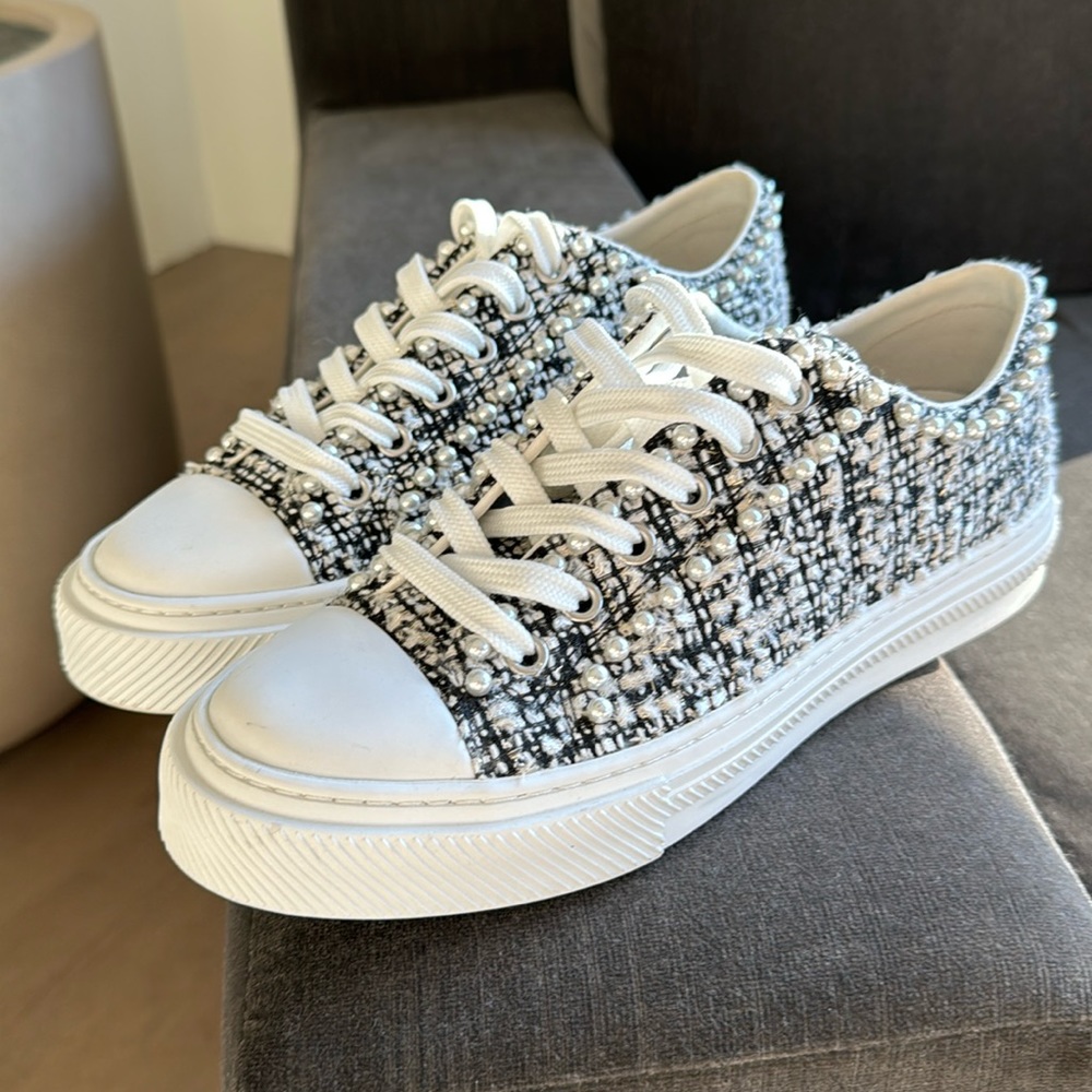 Stuart Weitzman Pearl Embellished Tweed Sneakers